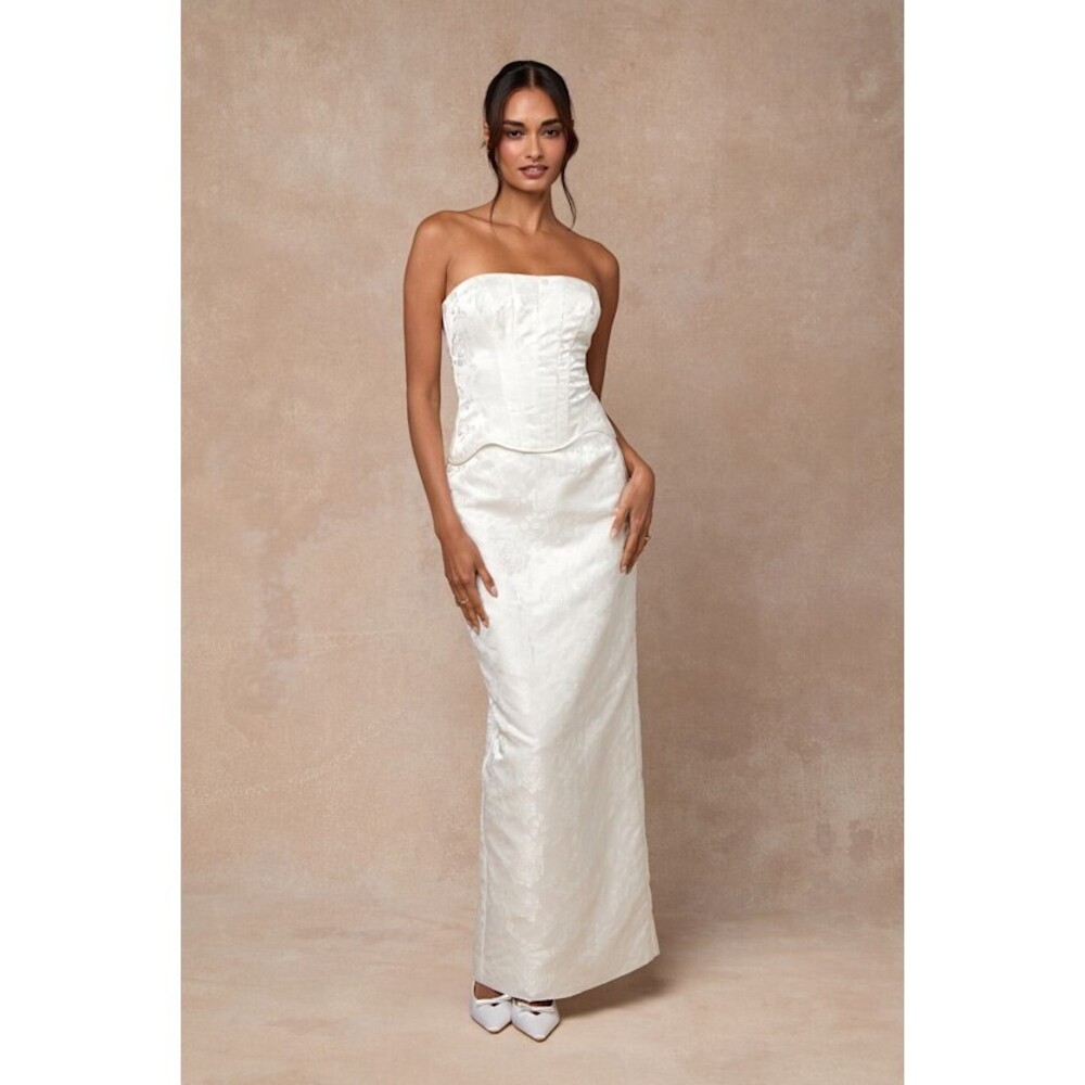 Lulus Melva White Satin Jacquard Two-piece Bustier Maxi Dress - Size S